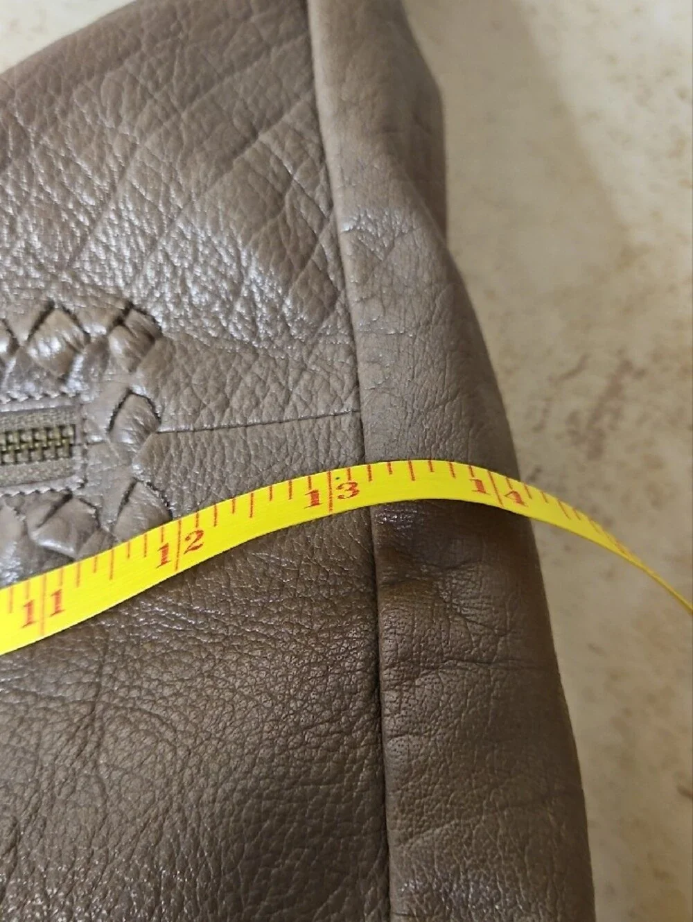 Women's Taupe Shoulder Bag with Woven Trim and Front Zip